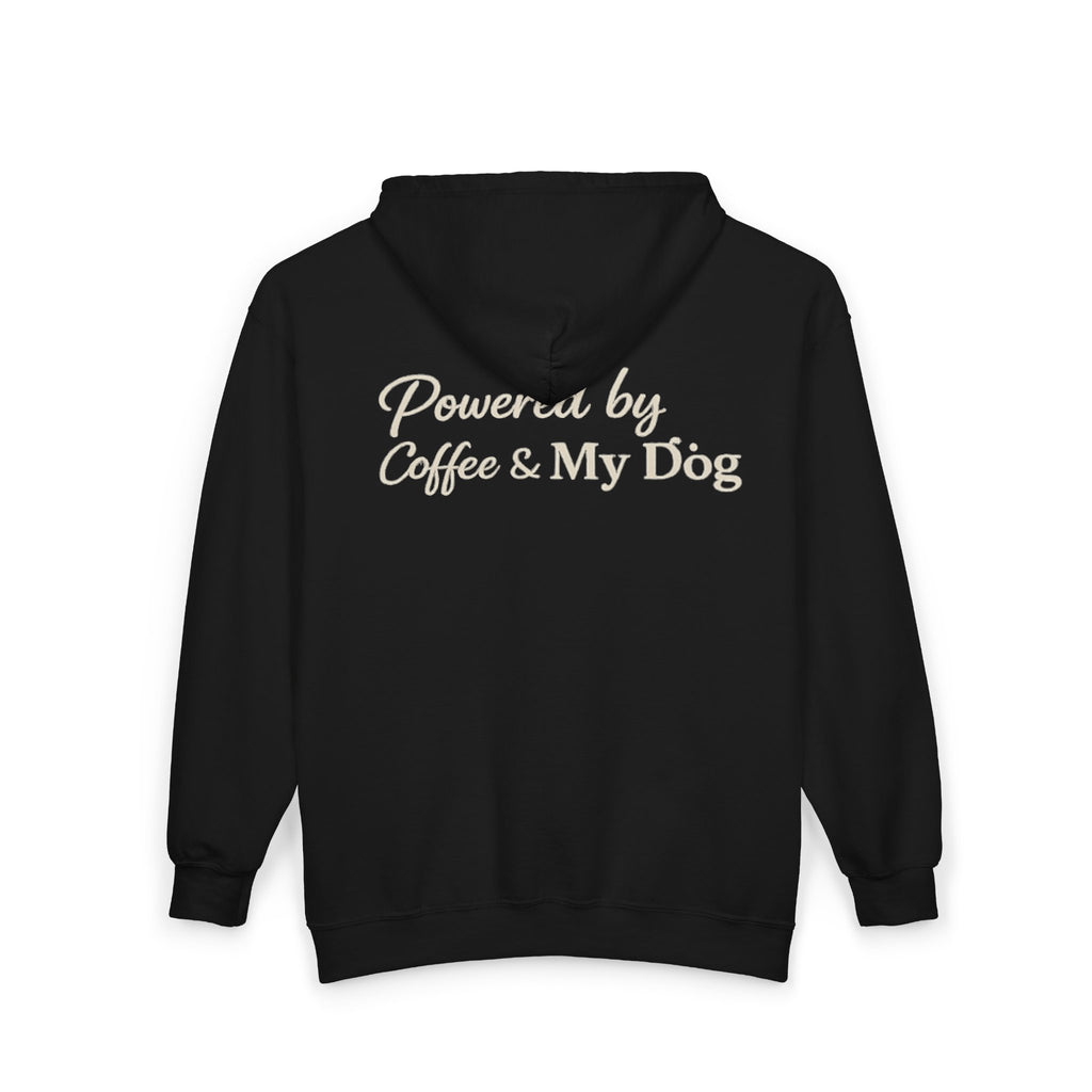 Dog Mum Zip Hoodie – “Powered by Coffee & My Dog” Full-Zip Sweatshirt