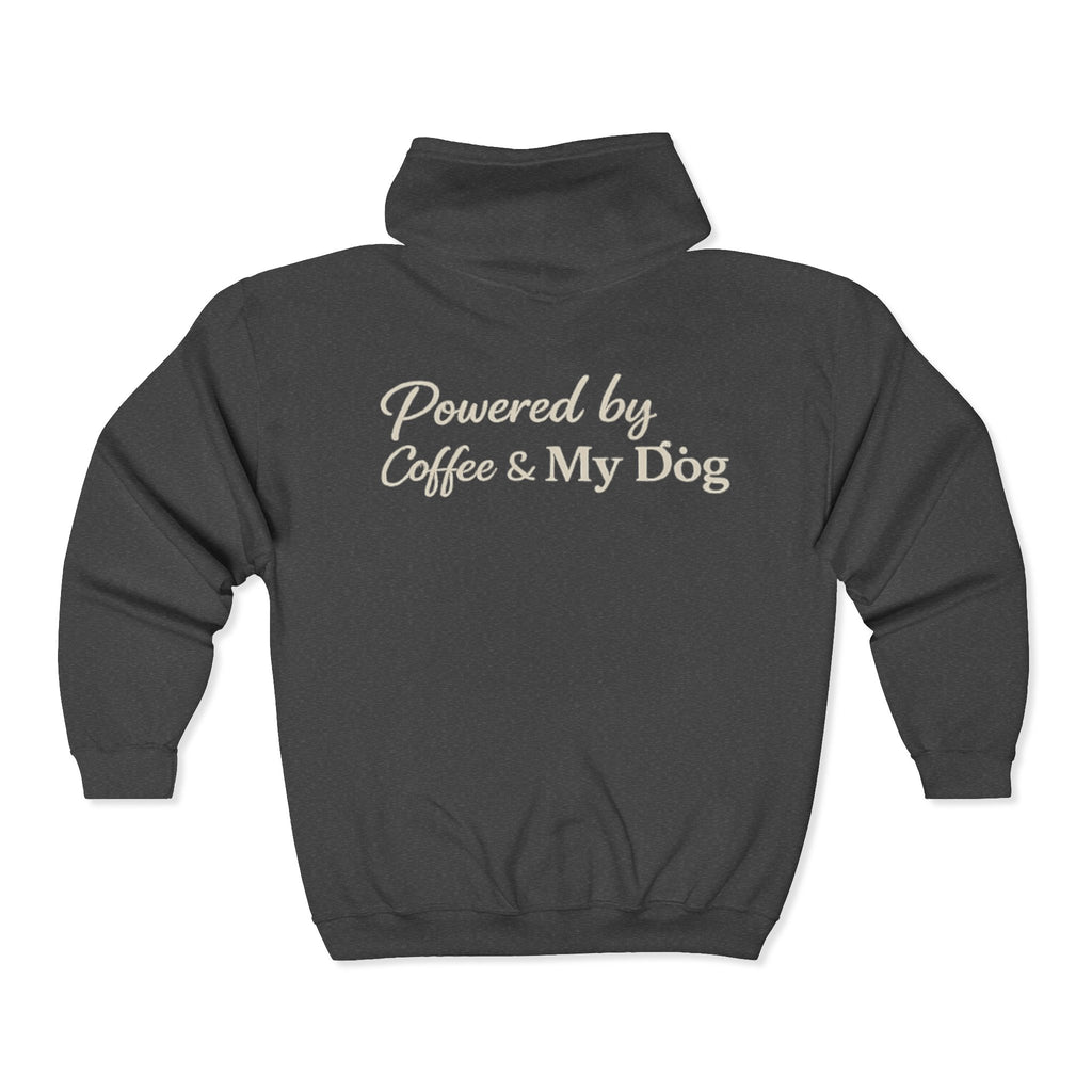 Dog Mum Zip Hoodie – “Powered by Coffee & My Dog” Full-Zip Sweatshirt