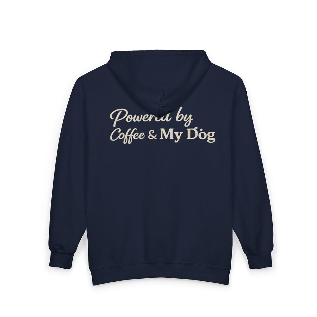 Dog Mum Zip Hoodie – “Powered by Coffee & My Dog” Full-Zip Sweatshirt
