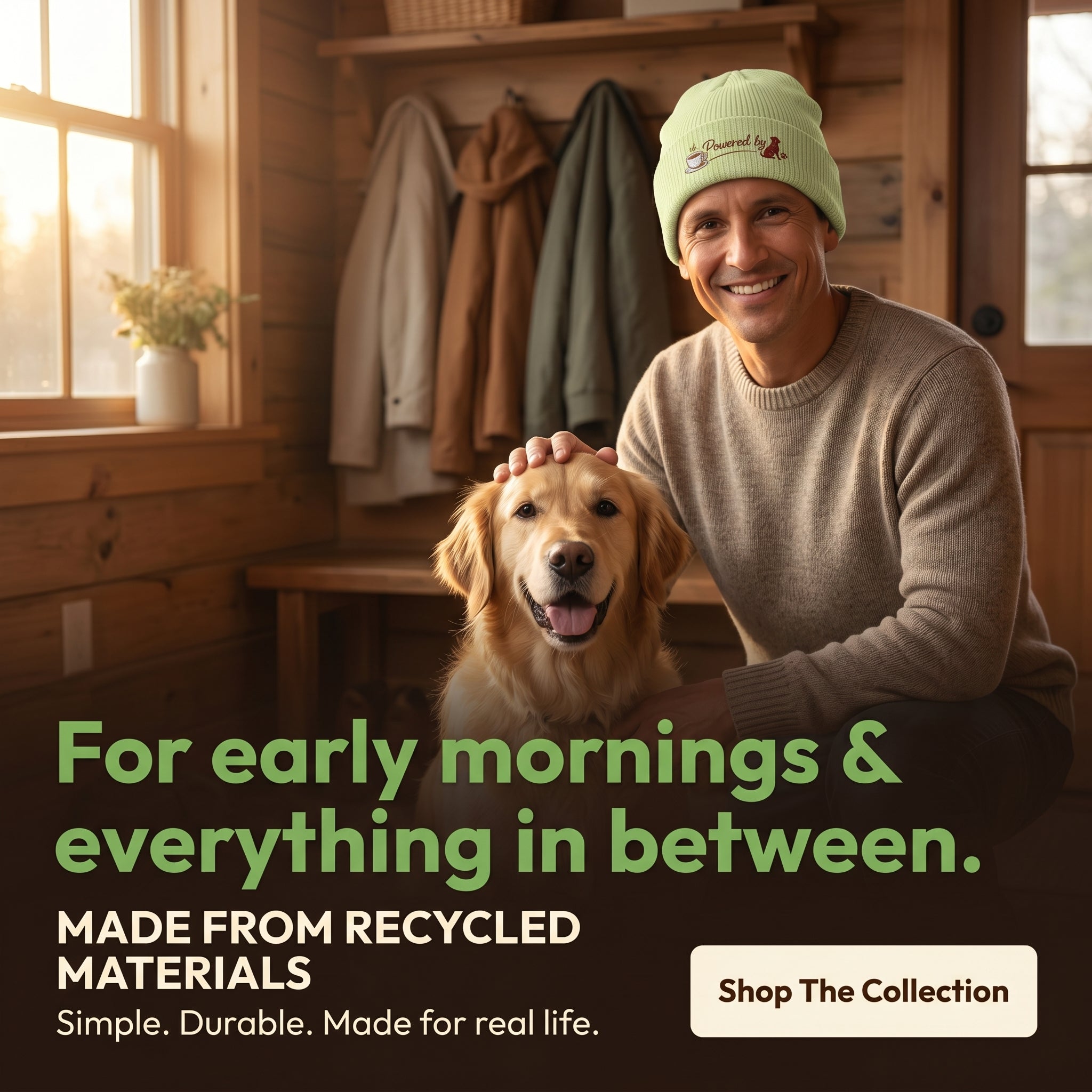 The Morning Walk Beanie - "Powered by" Coffee & Dog Embroidered Winter Hat