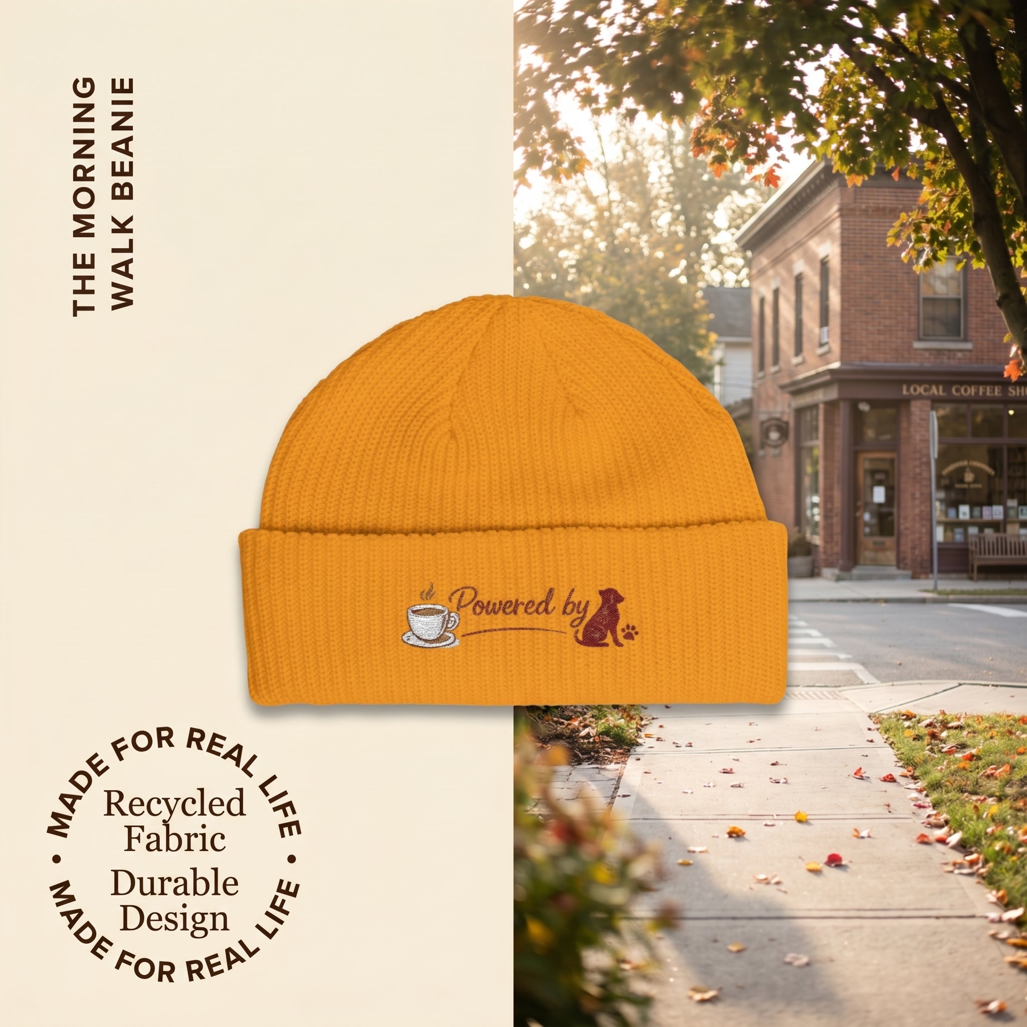 The Morning Walk Beanie - "Powered by" Coffee & Dog Embroidered Winter Hat