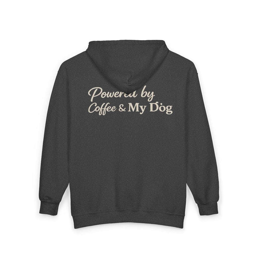Dog Mum Zip Hoodie – “Powered by Coffee & My Dog” Full-Zip Sweatshirt