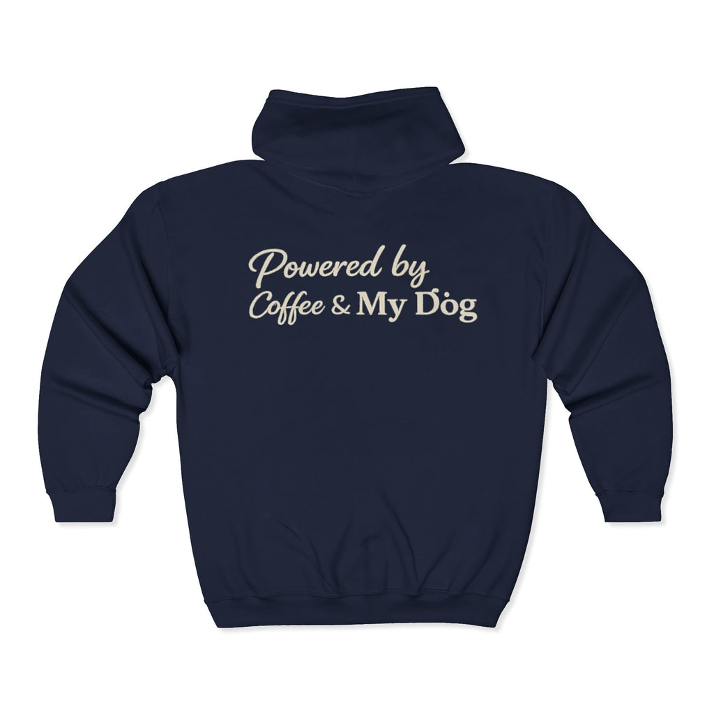 Dog Mum Zip Hoodie – “Powered by Coffee & My Dog” Full-Zip Sweatshirt